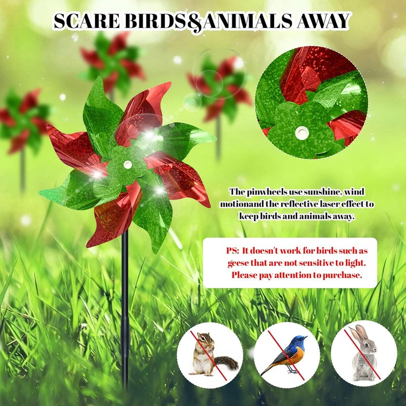 DECEED 10 PCS Pre-Assembled Christmas Red and Green Reflective Pinwheels, Large Foil Sparkly Wind Spinners with Stakes, Farm Bird Animal Deterrent Windmill, Christmas Outdoor Garden Lawn Yard Decor - Image 4